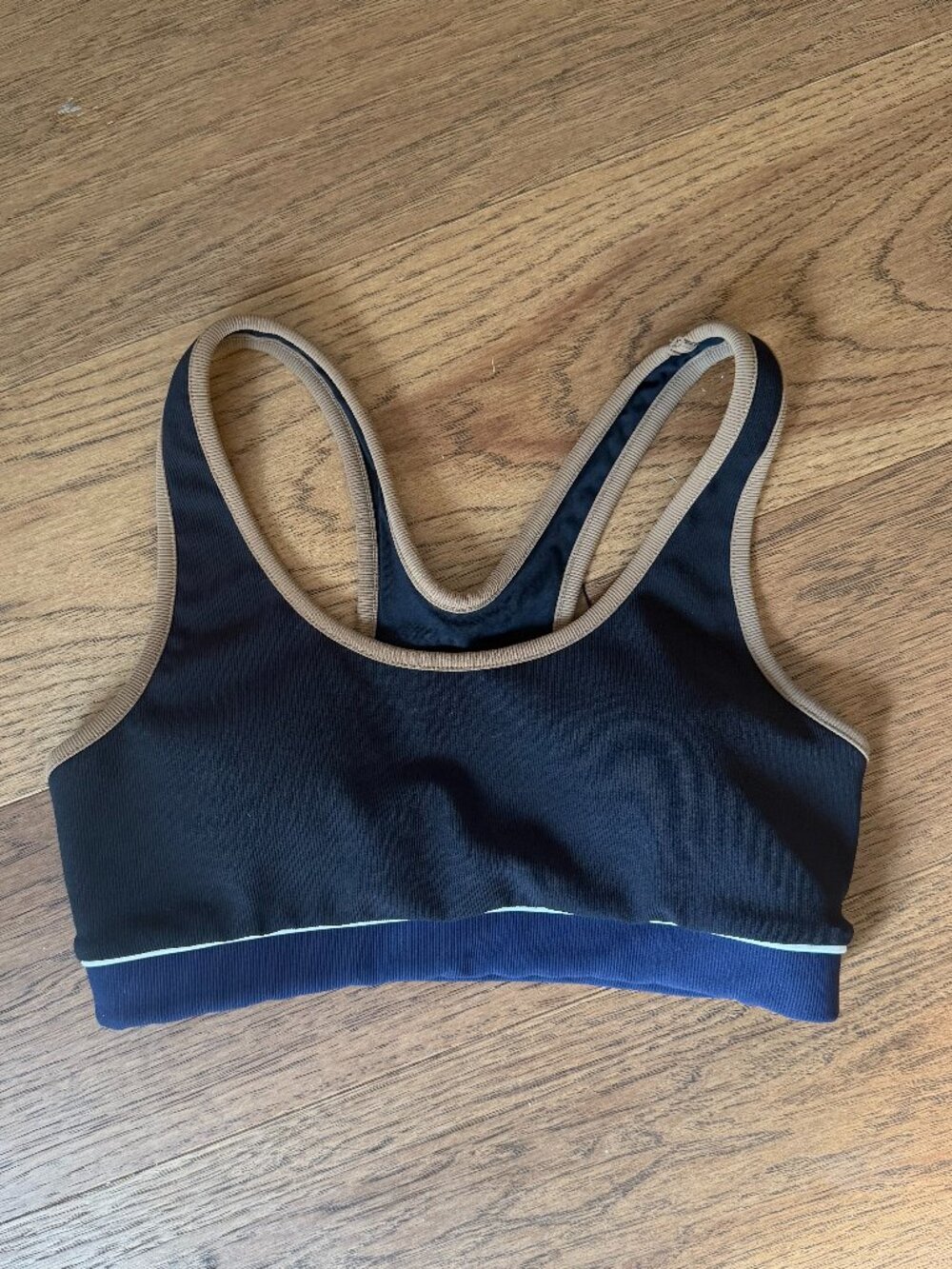 The Upside Navy Racerback Sports Bra Colorblock Tan Trim US 6
